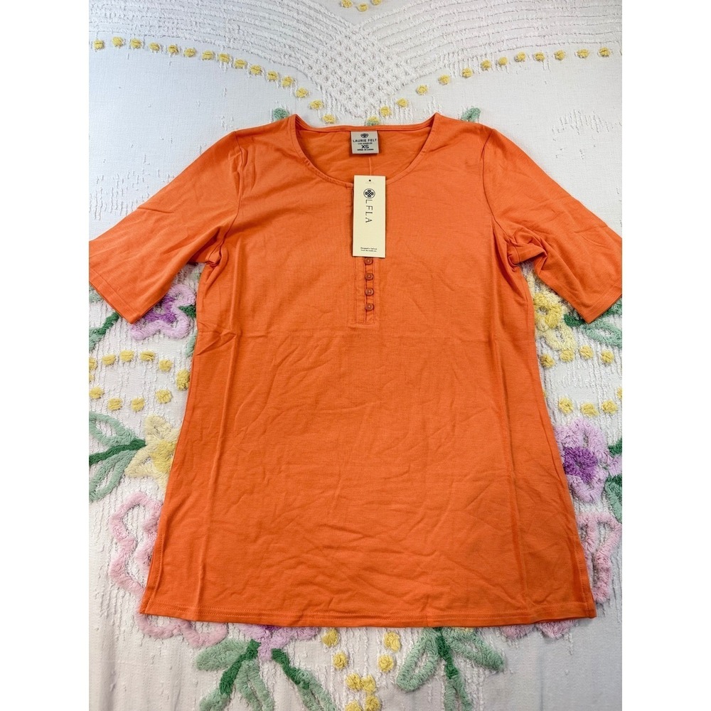 Laurie Felt Tangerine Orange Bamboo Cotton Henley Top A601119 XS - Picture 2 of 9